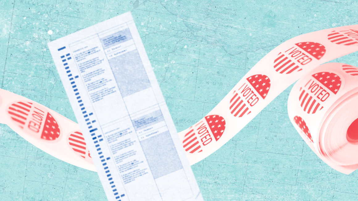 Map background with I voted stickers and ballot