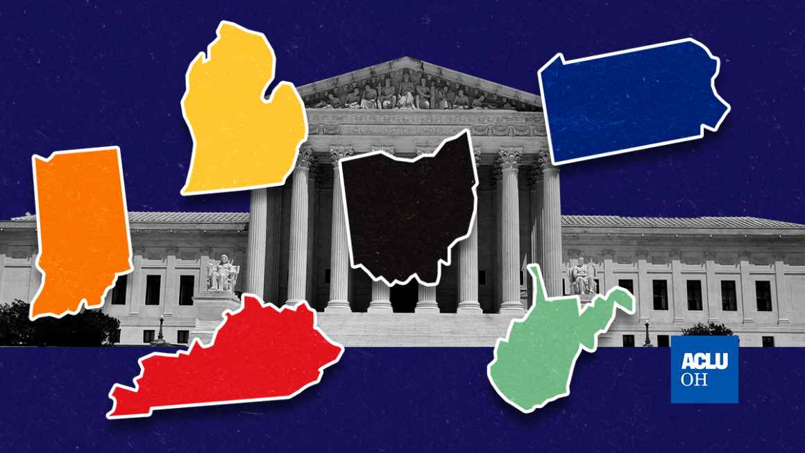 outline of several states with the Supreme Court in the background