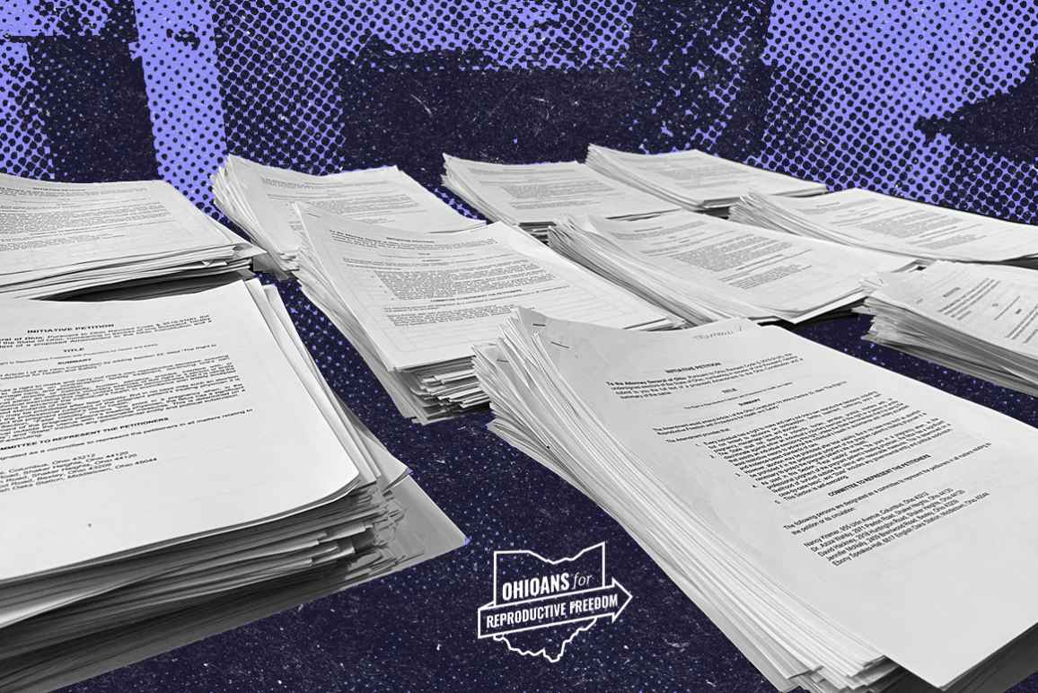 Image of piles of petitions with a purple background