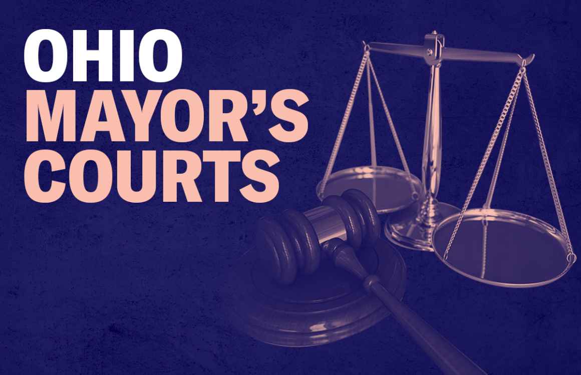 Ohio Mayor's Courts - gavel and scales of justice with a pink overlay on a textured navy background