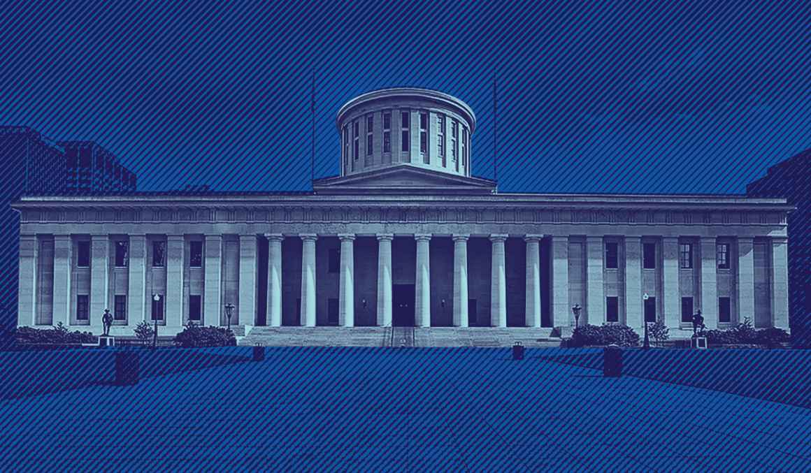 Ohio Statehouse with a navy and azure color overlay, background with navy and blue lined texture overlay