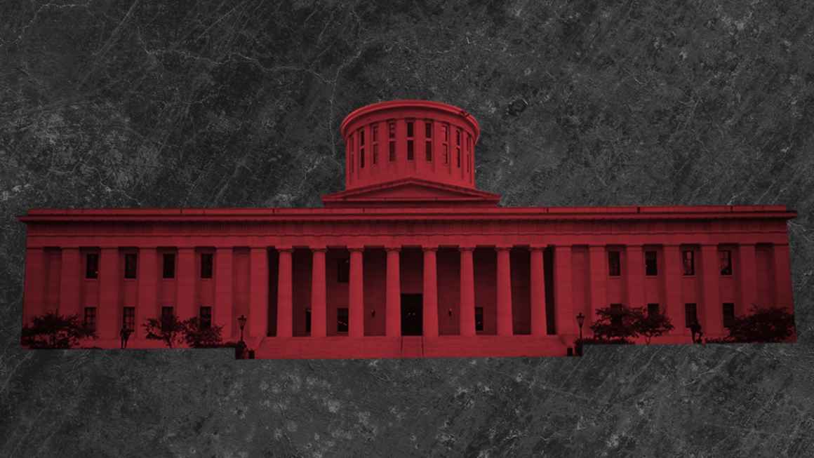 Ohio Statehouse with a red color overlay on a grey textured background