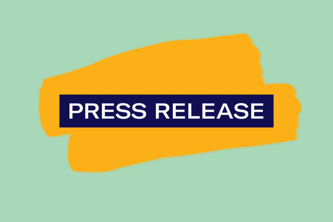 The words 'Press Release' in white in a navy rectangle with an orange highlight mark on a green background