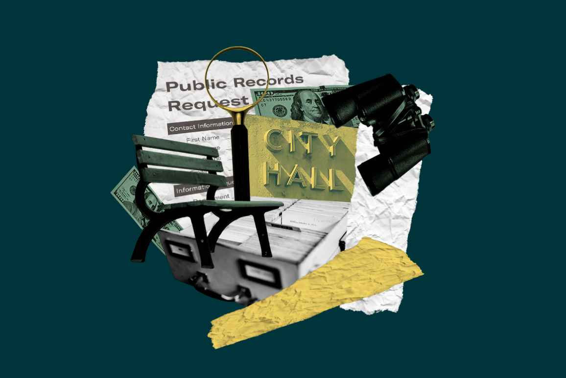 Collage of a park bench, city hall sign, binoculars, filing cabinet drawer, magnifying glass and money on a dark green background