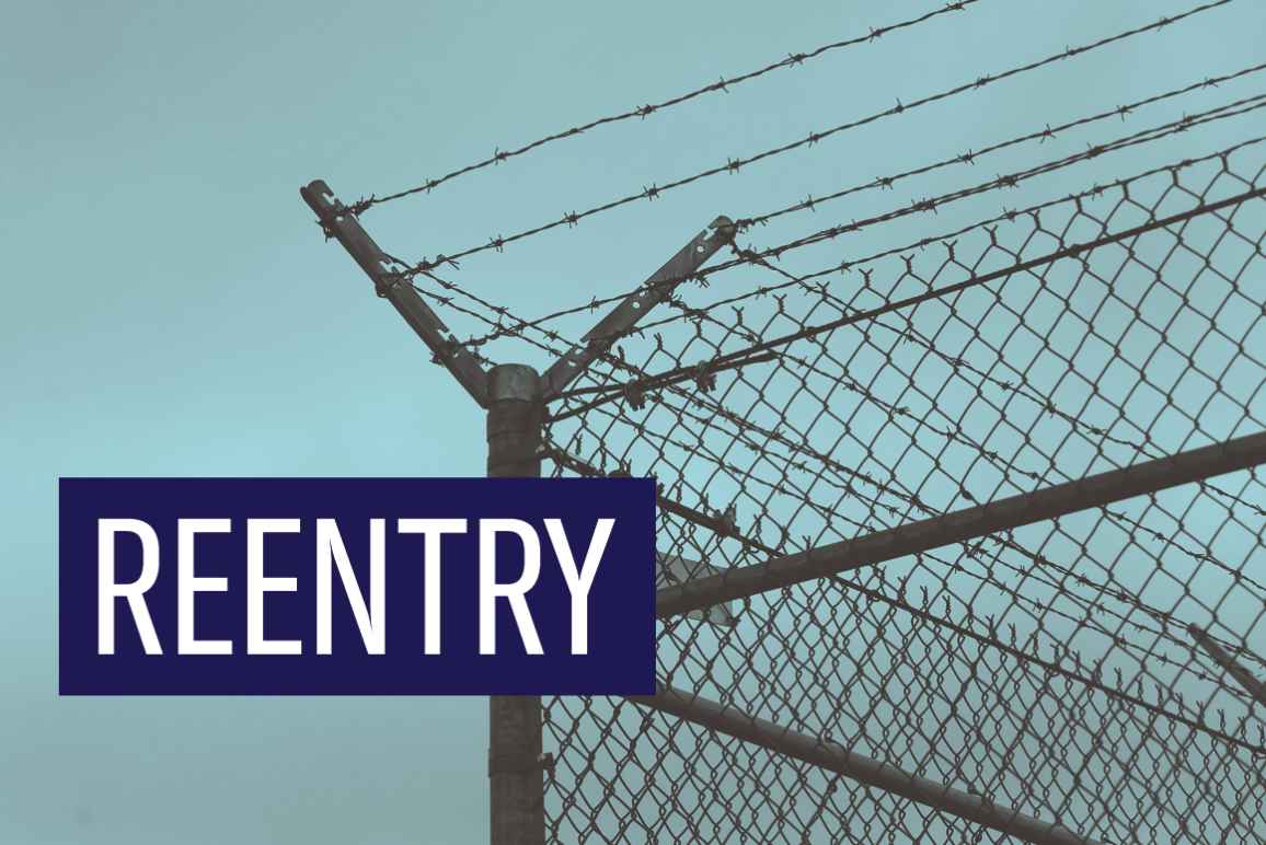 Reentry written in white on a navy rectangle, barbed wire fence in the background on an azure background