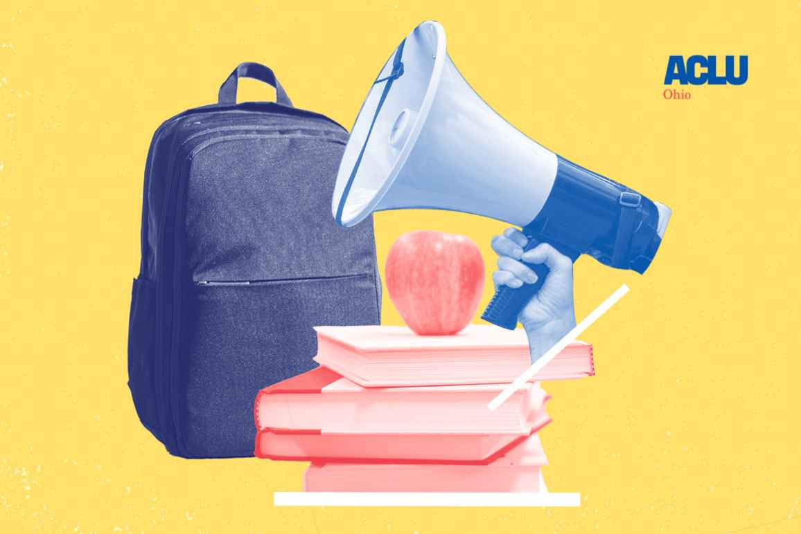Image of a bullhorn, backpack, schoolbooks, and an apple