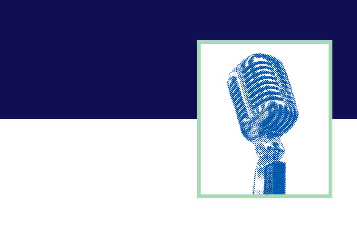 Old timey microphone with a blue color overlay in a white rectangle with a green border on a navy and white background