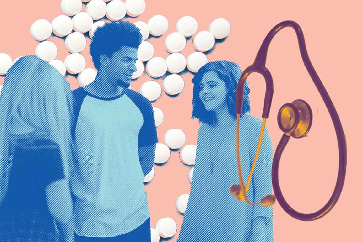Collage of teens talking with a blue and azure color overlay, stethoscope with a putple and gold color overlay, and white pills on a pink background