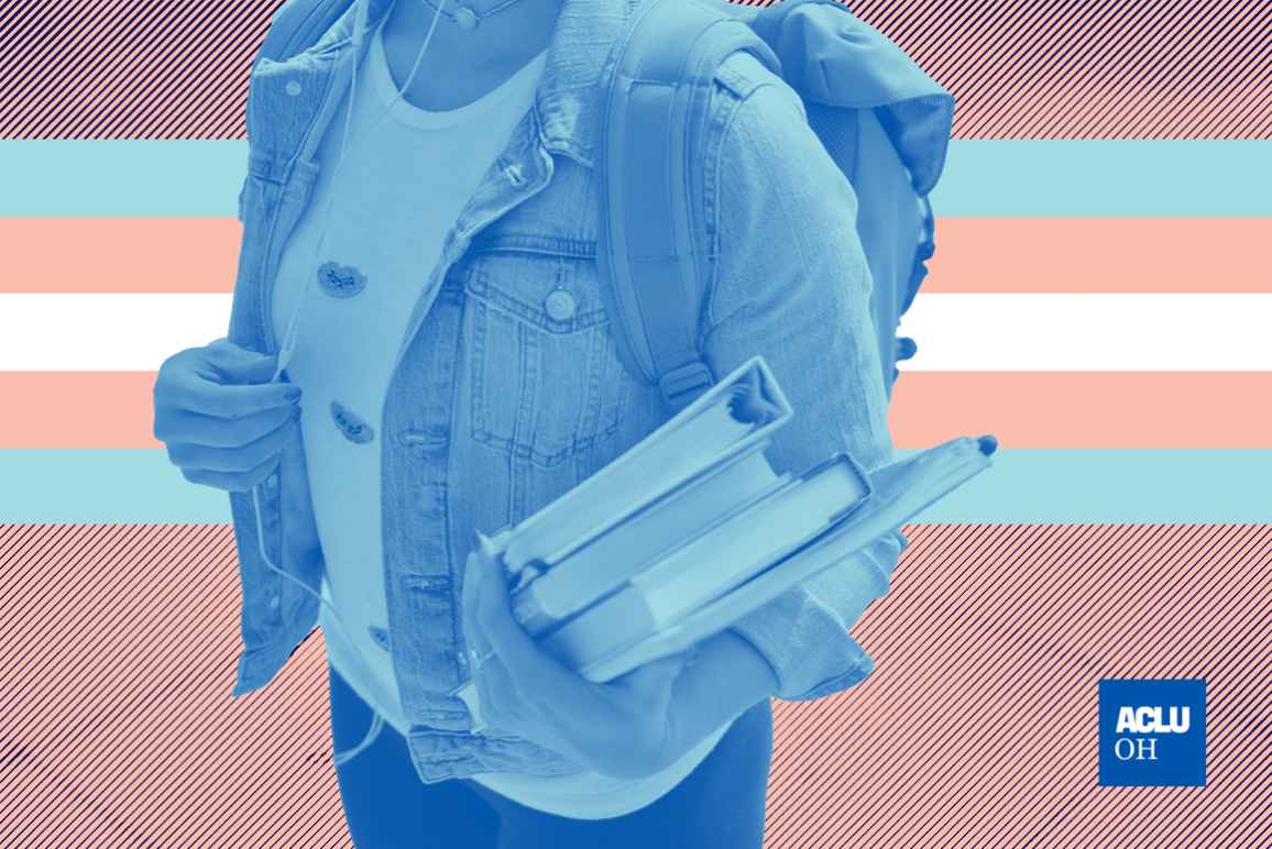 A student holding books and wearing a bookbag with a blue color overlay on a pink textured background with the colors of the trans flag in a striped pattern behind them
