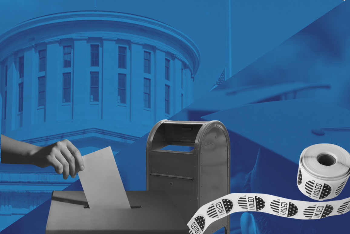 Navy blue background with images of the statehouse, college students, a mailbox, voting stickers, and a hand putting a ballot into a ballot box