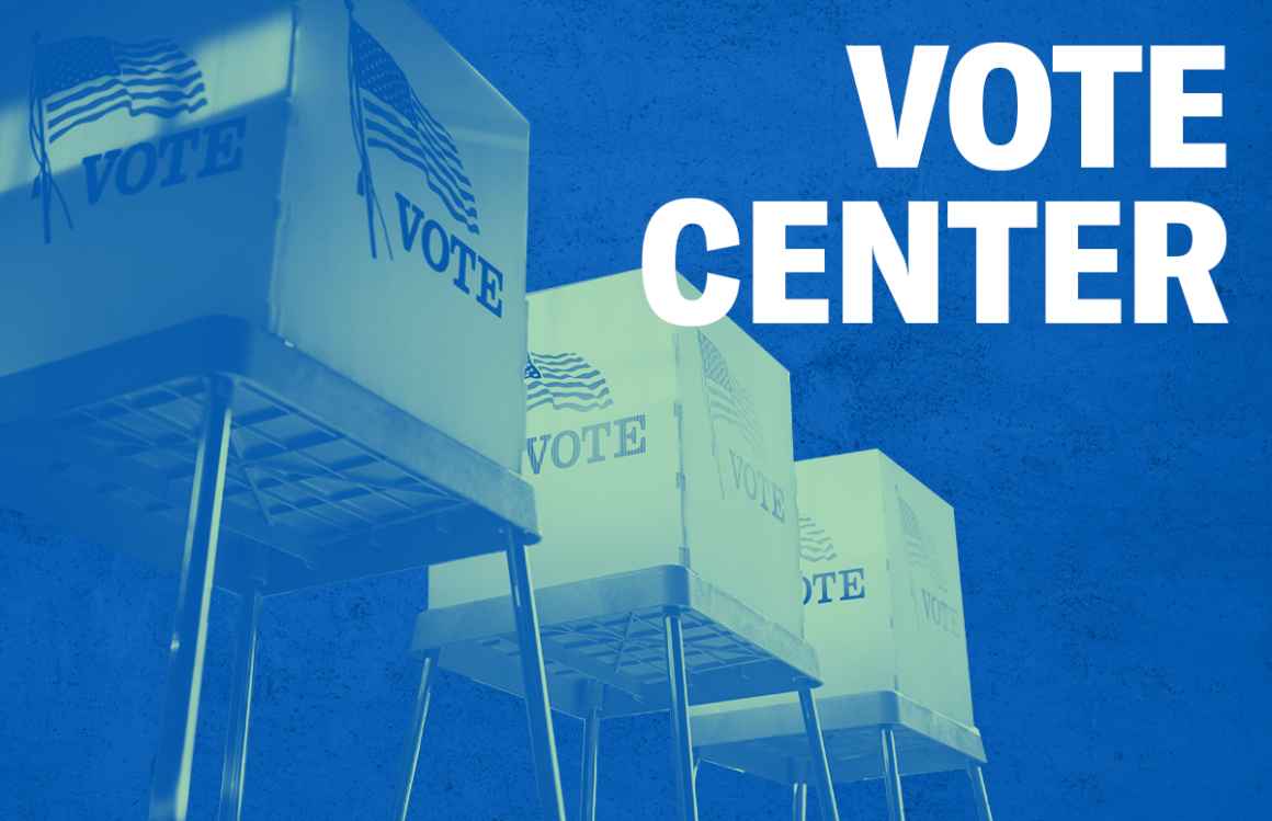 Voting booths with a green overlay, Vote Center in white, on a textured blue background