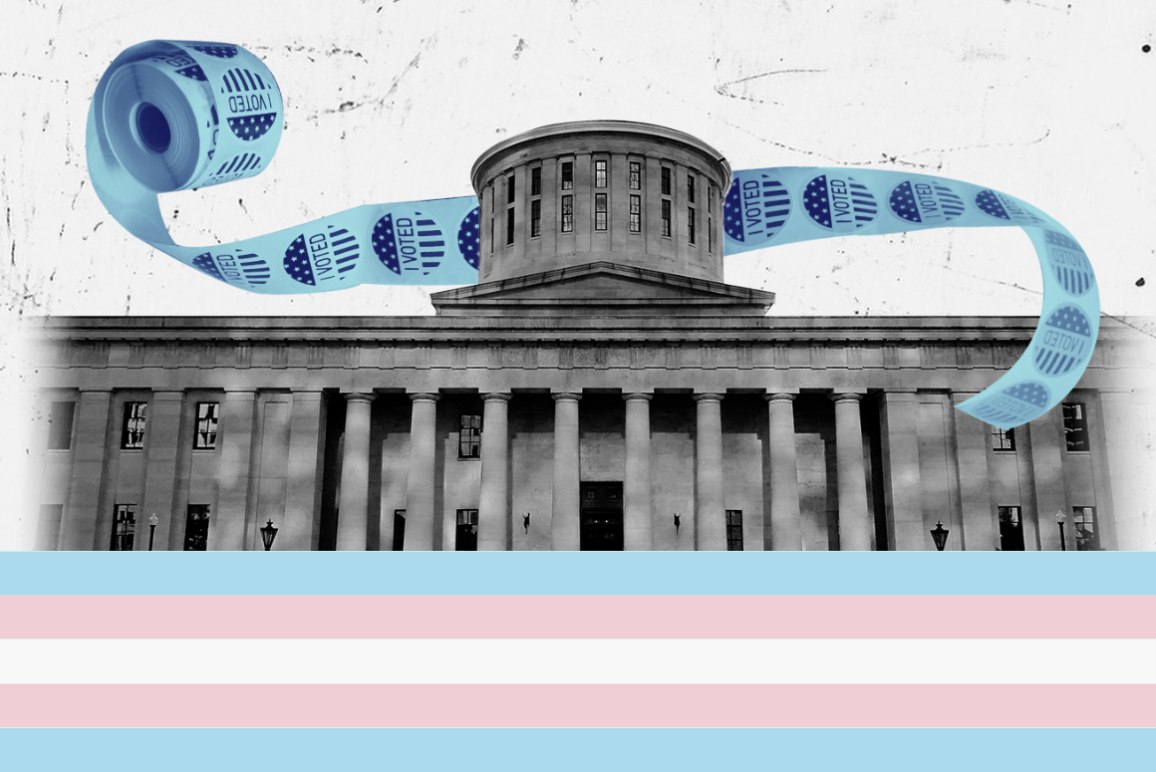 Statehouse with the Trans Flag and voting stickers