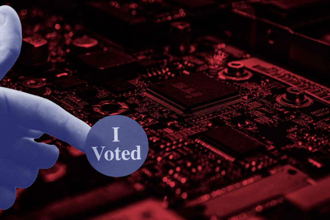 Red electronic background with a hand holding an "I Voted" sticker