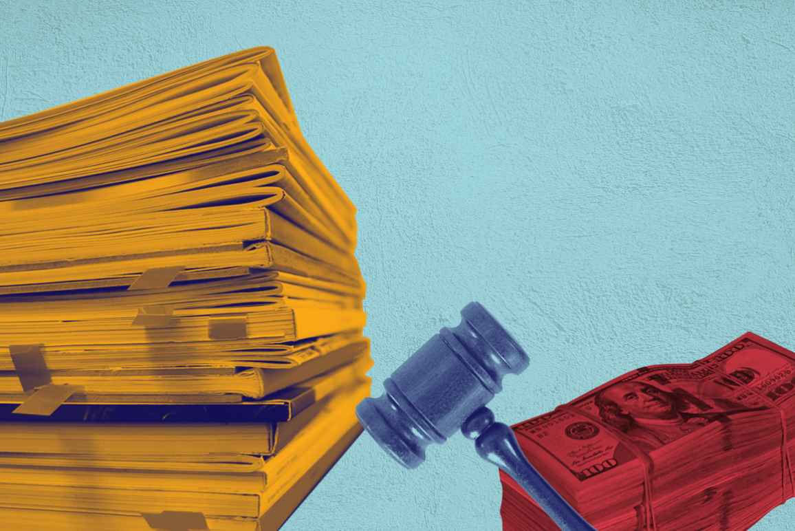 Stack of papers with an orange color overlay, gavel with a navy color overlay, stack of money with a red color overlay on a textured azure background