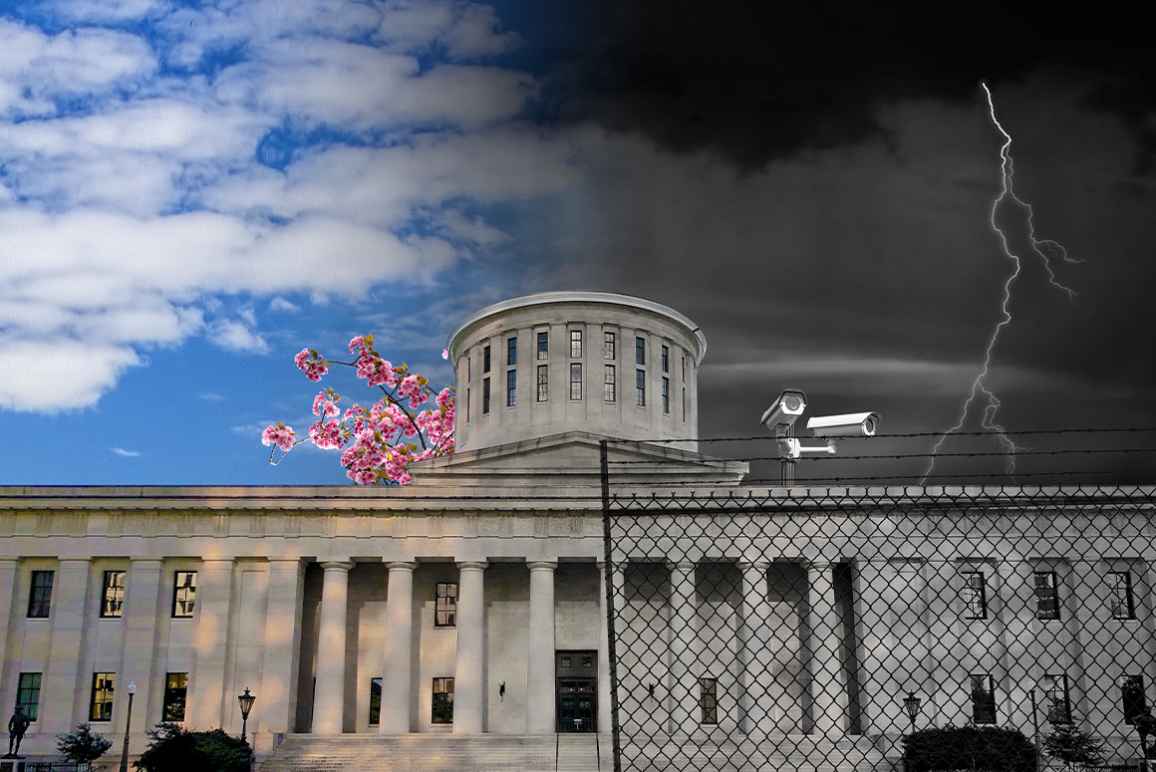 The Ohio Statehouse with a sunny day and flowers on the left side and dark clouds, lightning, surveillance cameras, and a security fence on the right side
