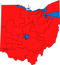 Ohio Congressional District Map 2012-2022, showing majority political party of district - Used with permission - WikiMedia Commons