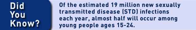 Did you know? Of the estimated 19 million new sexually transmitted disease (STD) infections each year, almost half will occur among young people ages 15-24.