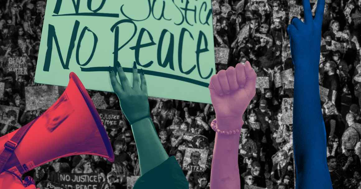 Megaphone, 'No Justice No Peace' sign, raised fist, raised peace sign over a black and white aerial photo of a protest