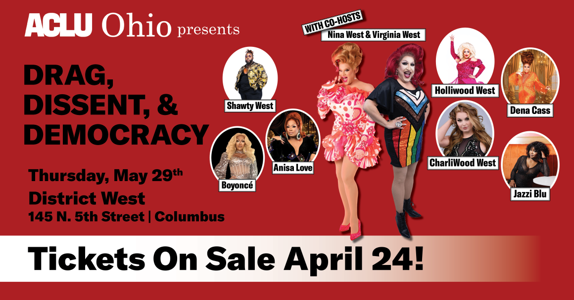 Drag, Dissent, Democracy Graphic with a photo of Nina West
