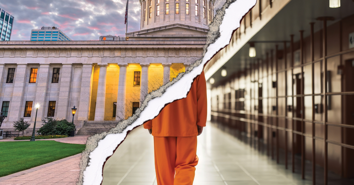 Photo of ohio statehouse on left, prisoner walking down an empty prison hallway on the right