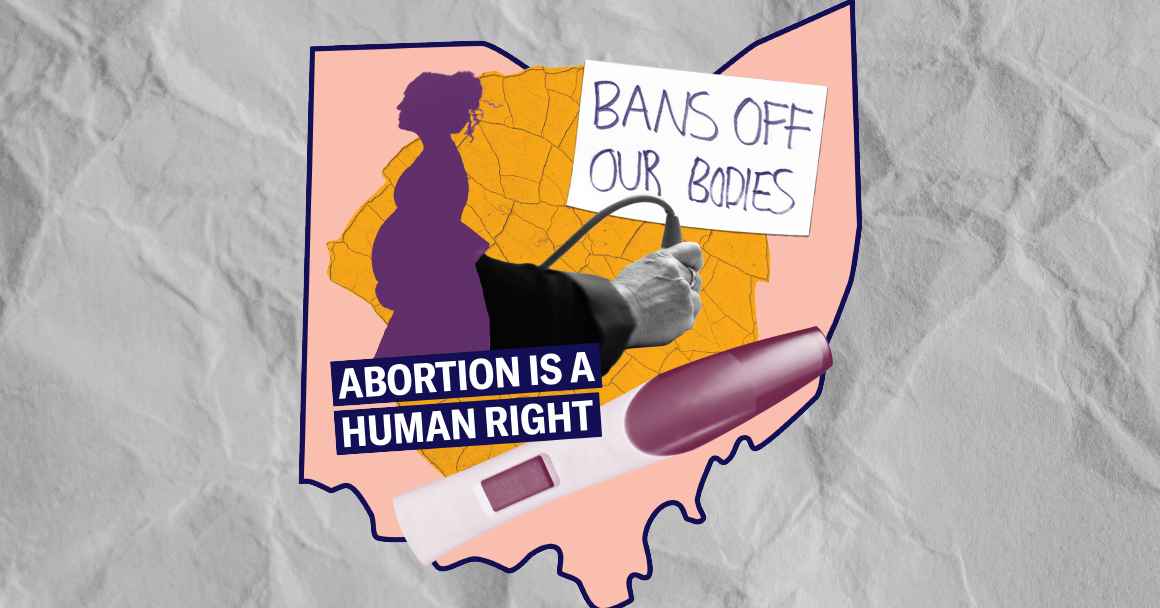 A collage of a silhouette of a pregnant person, a hand holding an ultrasound wand, a protest sign that reads bans off our bodies, and a pregnancy test on a pink state of ohio on grey paper texture