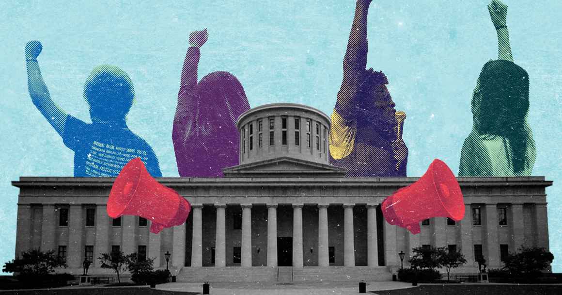 Collage of several activists with their fists in the air, with various color overlays, with a black and white picture of the Ohio Statehouse on an azure background