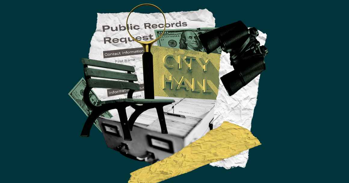 Collage of a park bench, city hall sign, binoculars, filing cabinet drawer, magnifying glass and money on a dark green background