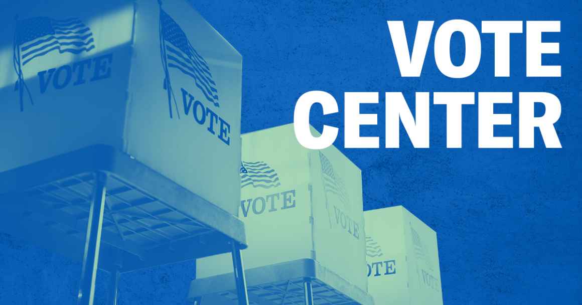 Voting booths with a green overlay, Vote Center in white, on a textured blue background