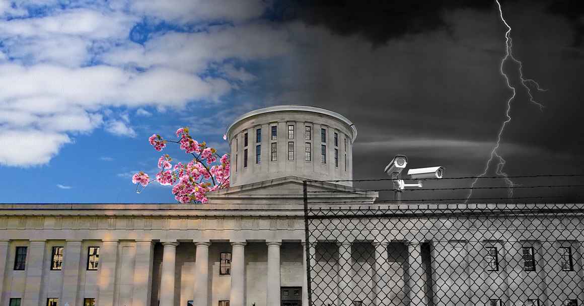 The Ohio Statehouse with a sunny day and flowers on the left side and dark clouds, lightning, surveillance cameras, and a security fence on the right side