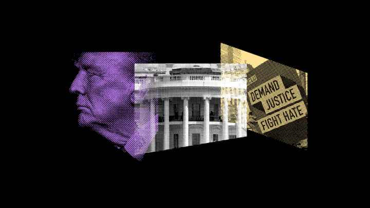 Closeup of Donald Trump, The White House, and a sign that says Demand Justice Fight Back Firewall for Freedom: We are Ready to Fight