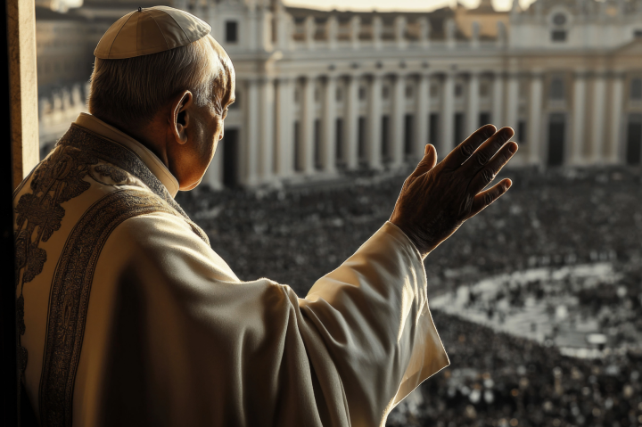 Photo of Pope Francis waving to a crowd of people in the square