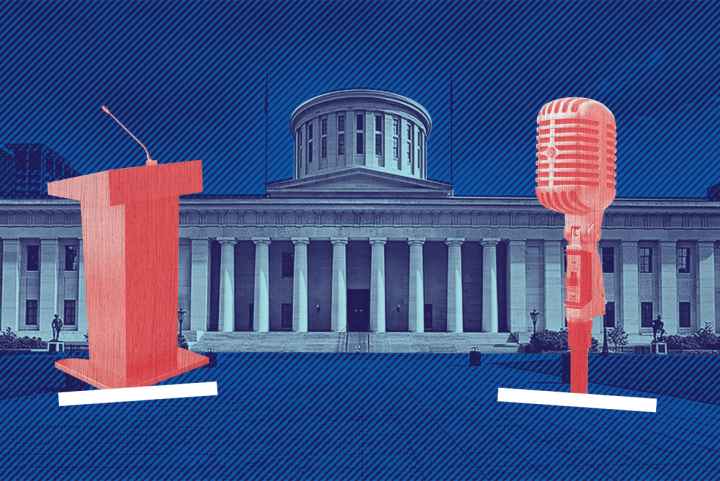 Image of a the Ohio Statehouse, a microphone, and a podium