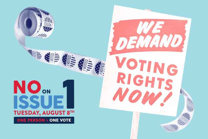 Picket sign and voting stickers with a blue background