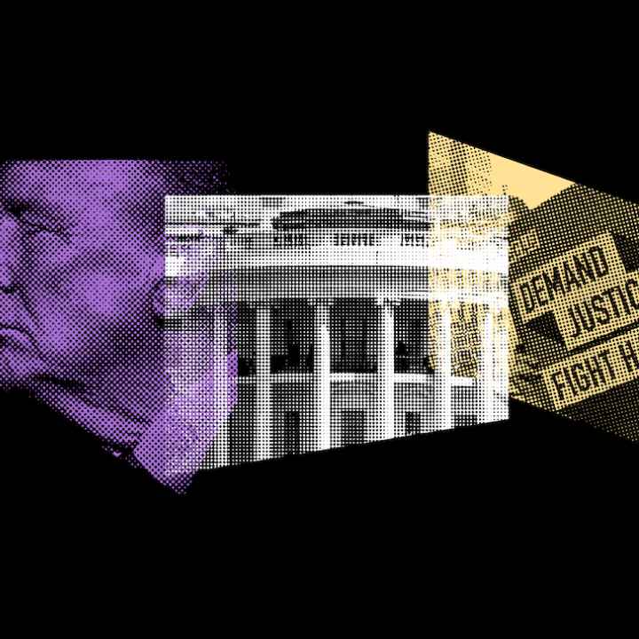 Closeup of Donald Trump, The White House, and a sign that says Demand Justice Fight Back Firewall for Freedom: We are Ready to Fight