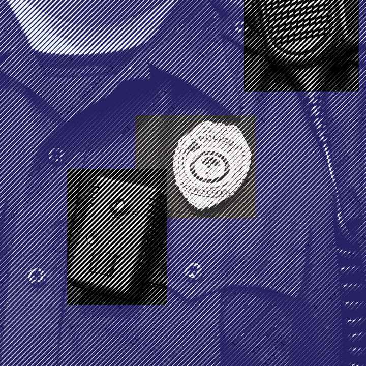 Blue and white Photograph of a police officer's chest, with the name tag, body cam, badge, and radio in black
