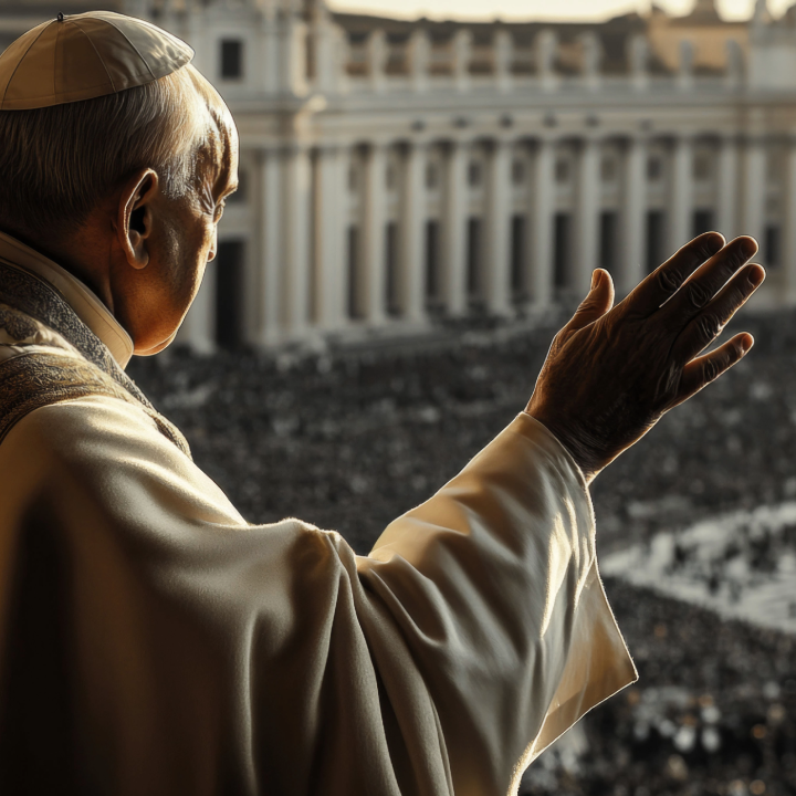 Photo of Pope Francis waving to a crowd of people in the square
