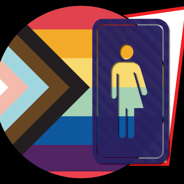 Image of the Pride flag and a restroom sign