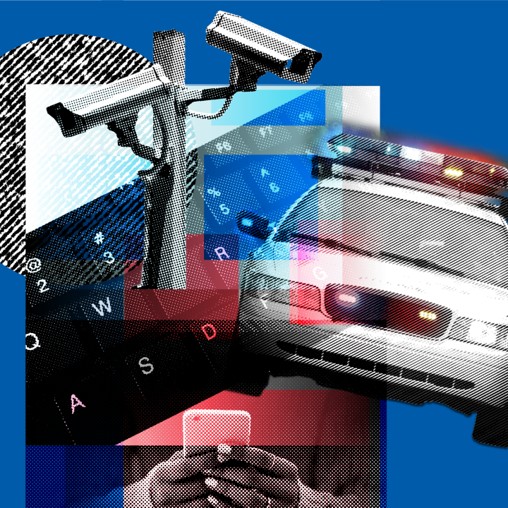Images of a cell phone, computer keyboard, police car, and speed cameras