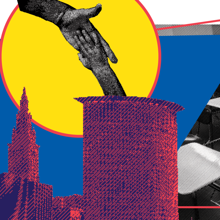 Graphic of Cleveland Skyline with an adult hand helping a youth hand