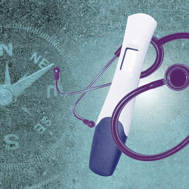 Image of a compass, stethoscope, and pregnancy test