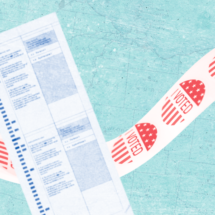 Map background with I voted stickers and ballot