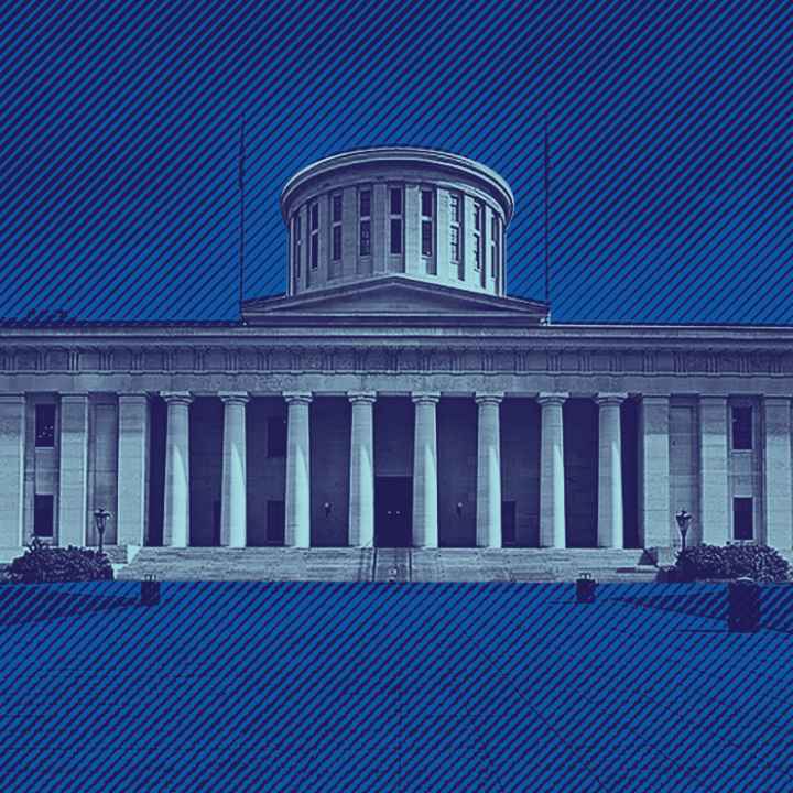 Ohio Statehouse with a navy and azure color overlay, background with navy and blue lined texture overlay