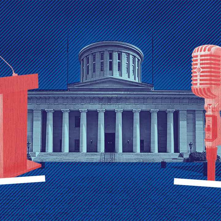 Image of a the Ohio Statehouse, a microphone, and a podium