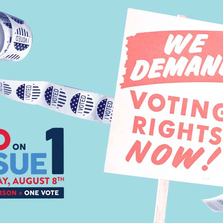 Picket sign and voting stickers with a blue background