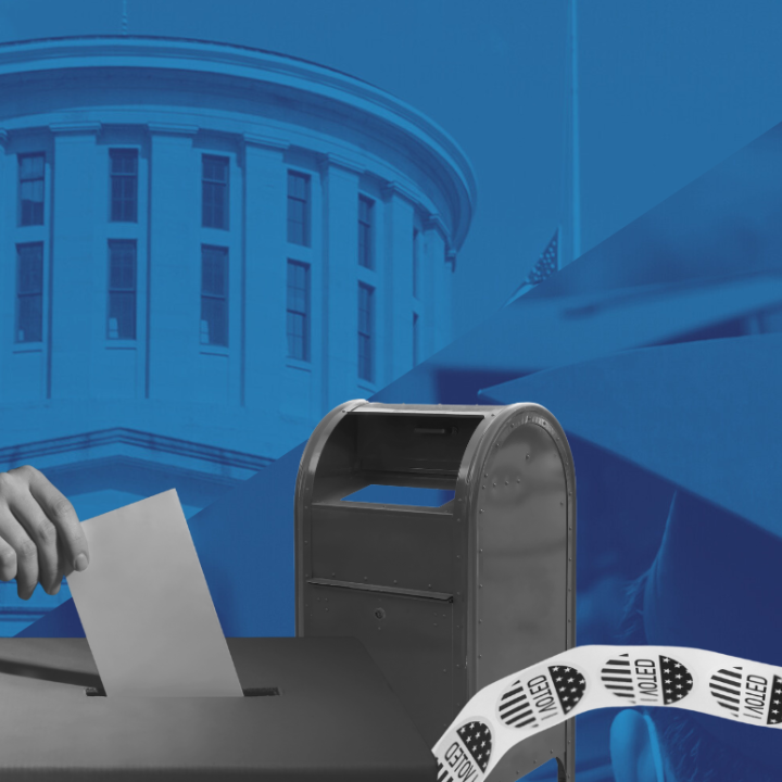 Navy blue background with images of the statehouse, college students, a mailbox, voting stickers, and a hand putting a ballot into a ballot box