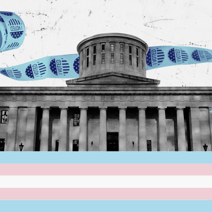 Statehouse with the Trans Flag and voting stickers