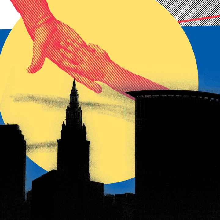 Image of hands reaching for each other, the Cleveland skyline, and a classroom