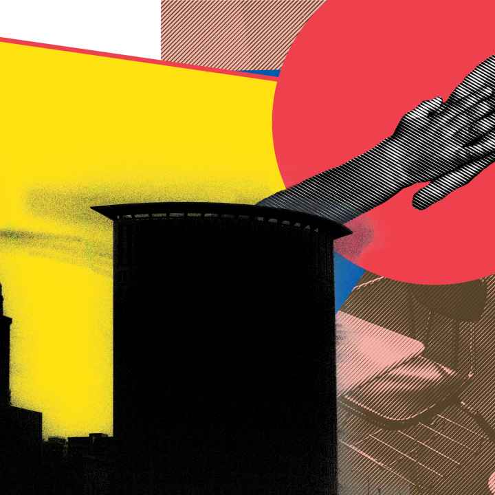 Cleveland skyline with desks and hands reaching out to each other