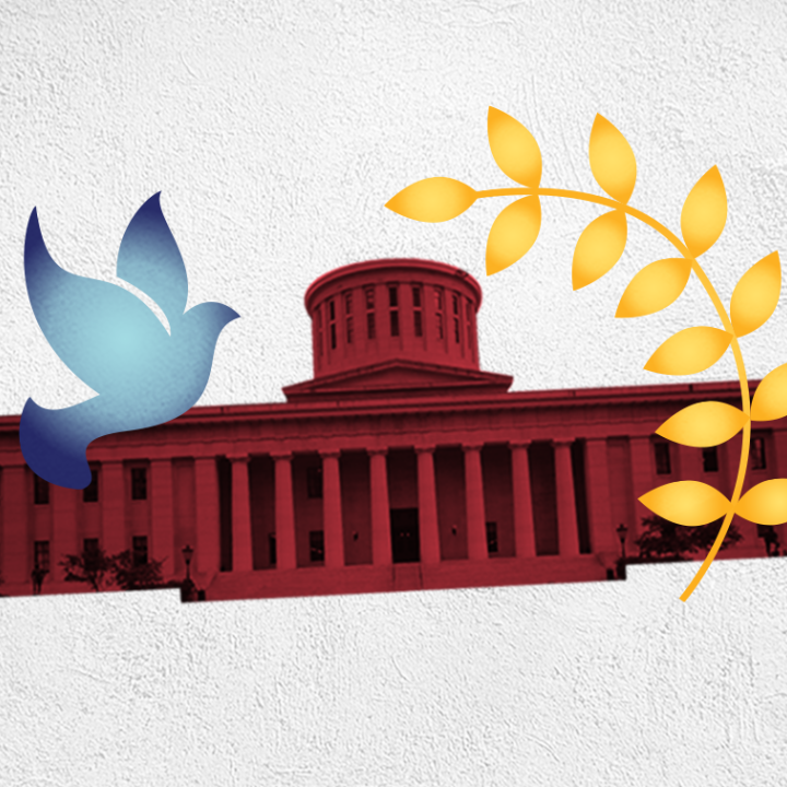 Image of the Ohio Statehouse and a blue dove