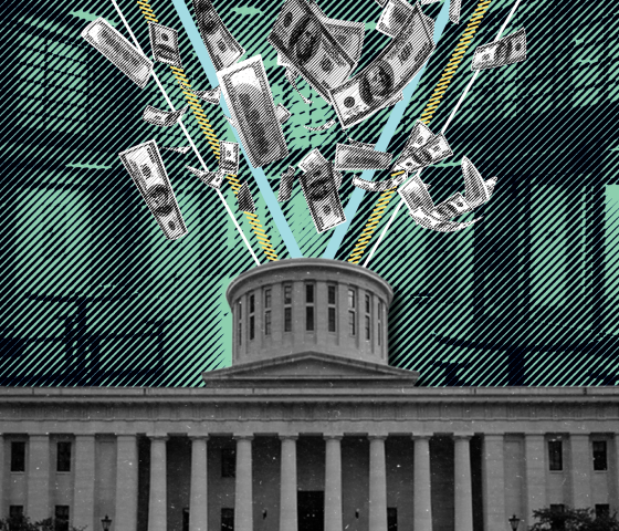 Ohio statehouse with money being sucked into it